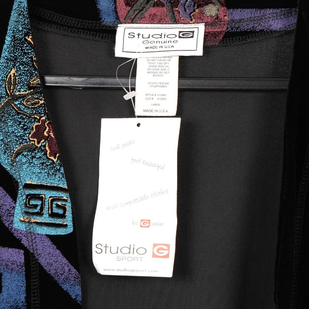 Studio G Velvet Open Front Cardigan Jacket L Abstract Vases Black Long Casual - Picture 4 of 5